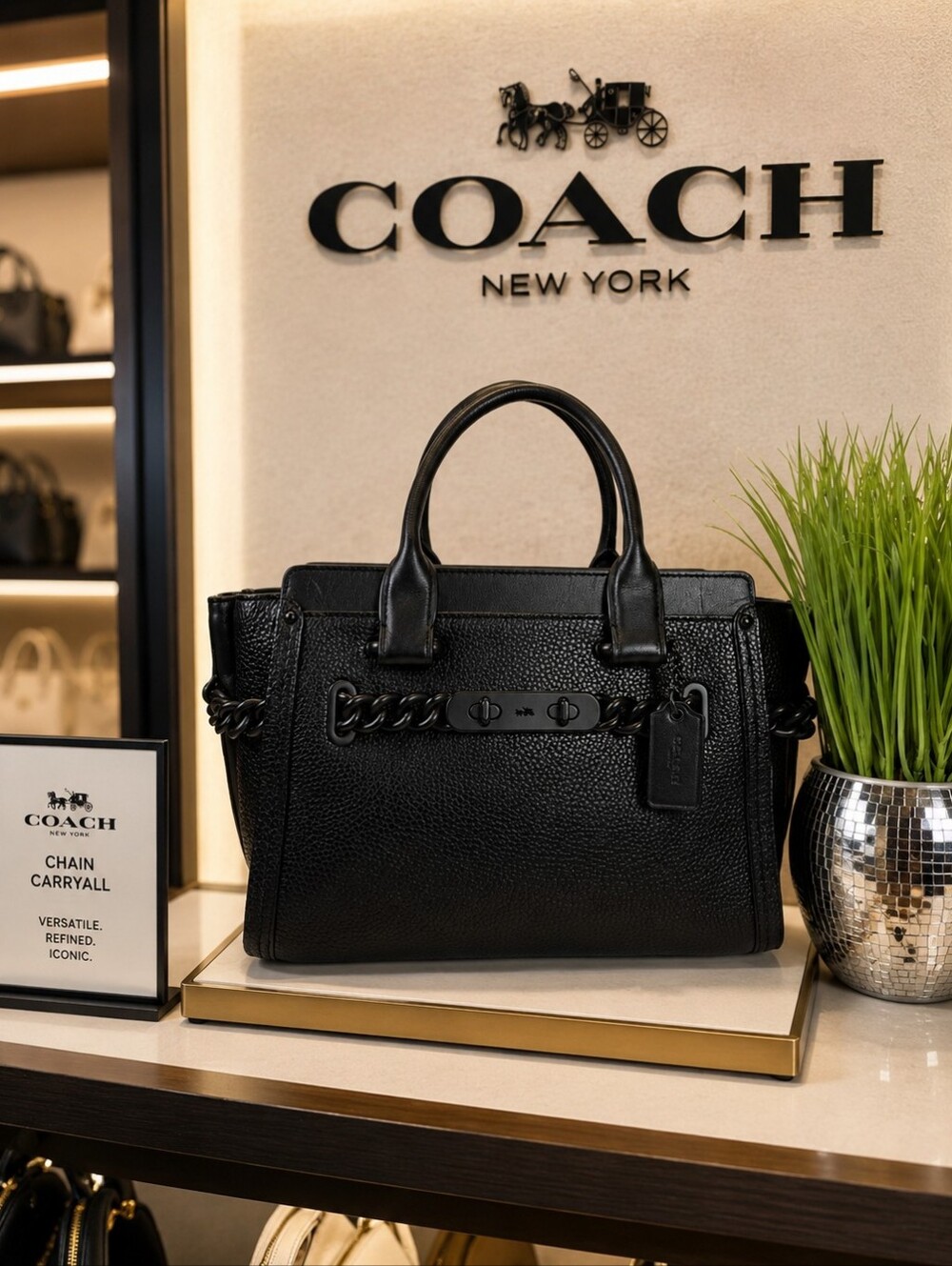 Coach Swagger 27 Matte Black Pebbled Leather Chain Accent Satchel Crossbody Bag